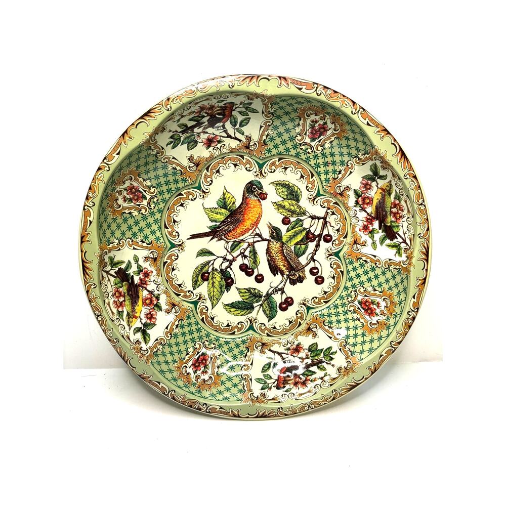 1971 Daher Decorated Ware Scalloped Tin Bowl Floral Bird Cherry Litho